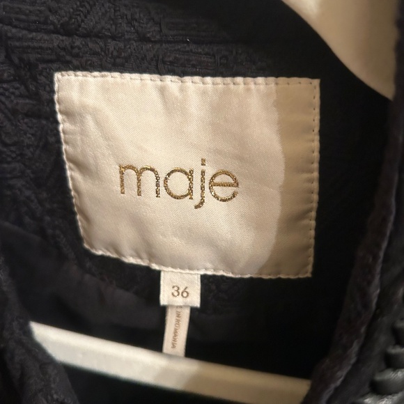Maje Gretelle Leather Trimmed Jacquard Knit Black Coat Jacket size 36 - Picture 2 of 7
